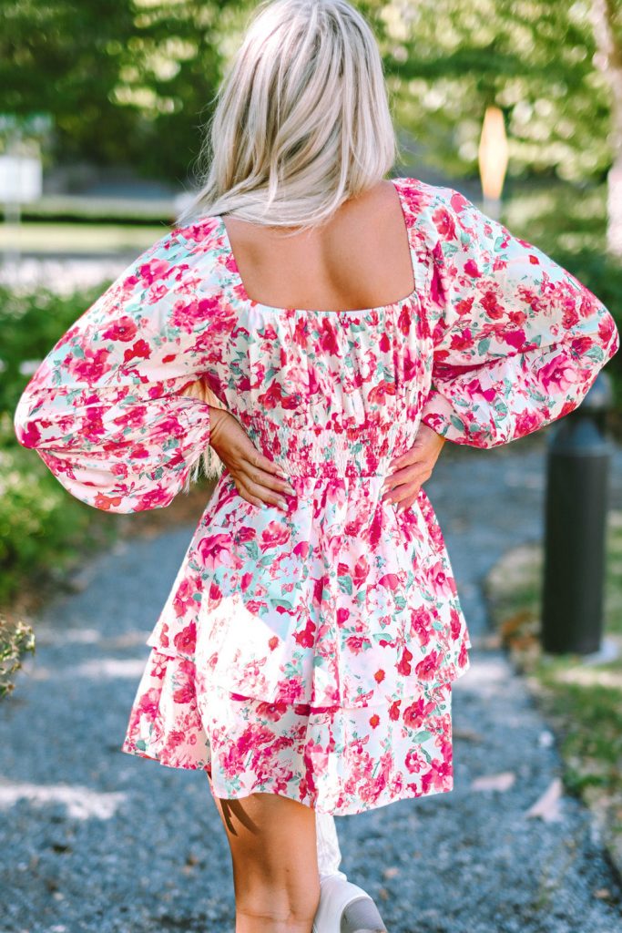 Women’s Ruffle Tiered High Waist Puff Sleeve Floral Dress