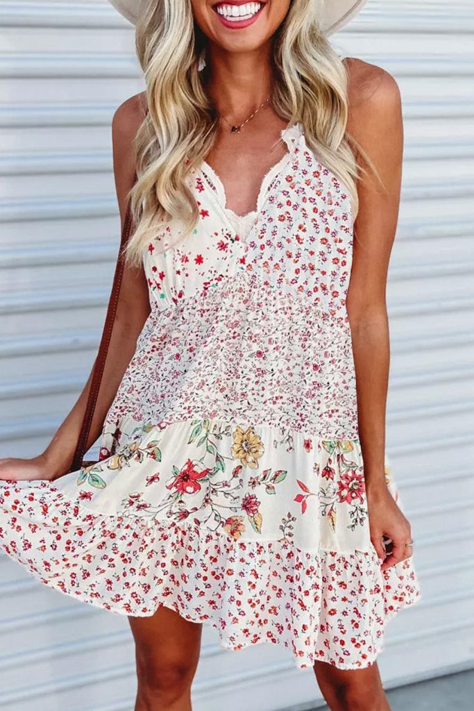 Women’s Floral Ruffled Spaghetti Strap Mini Dress