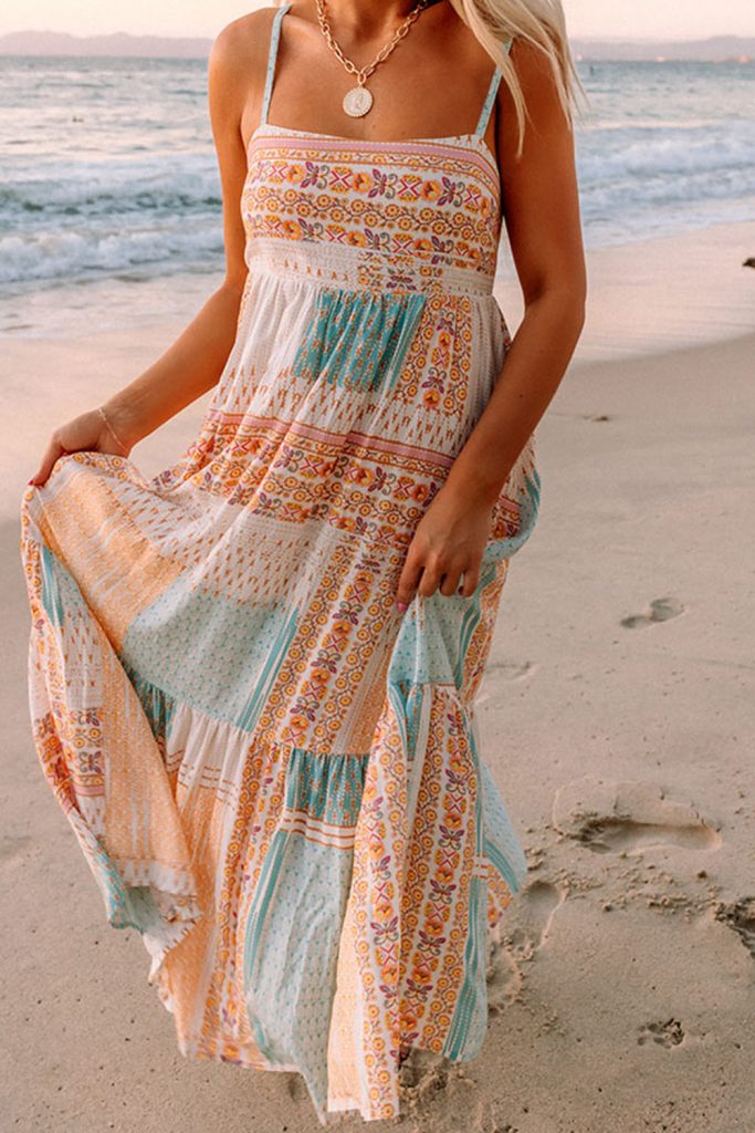 Women’s Boho Patchwork Print Square Neck Sundress