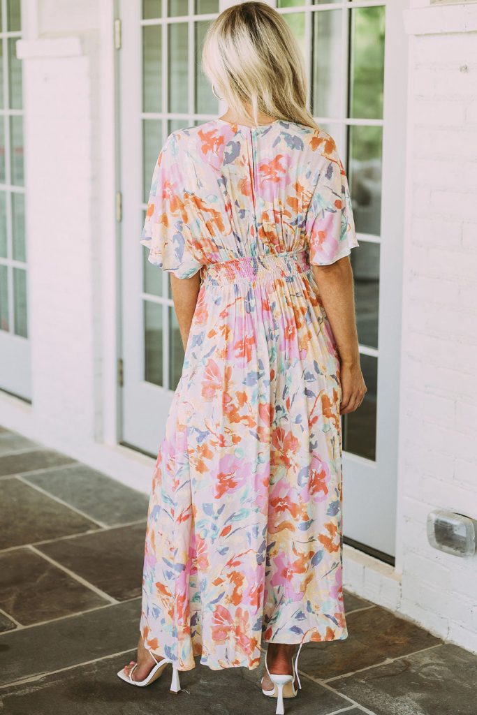 Women’s Tropical Floral Print Ruched V Neck Maxi Dress