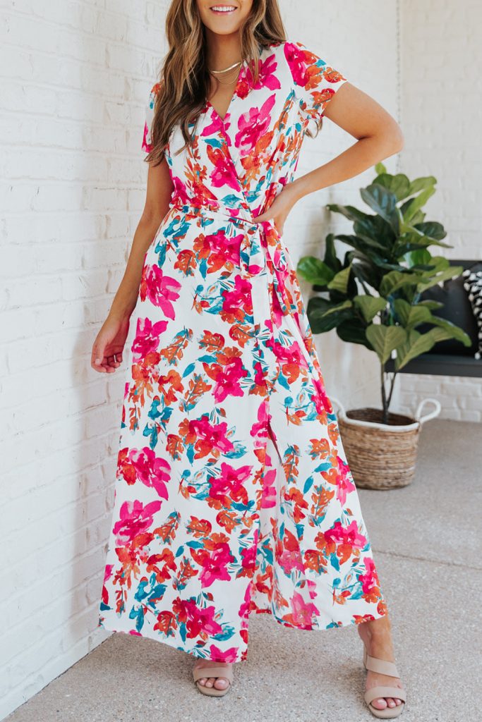 Rose Wrap V Neck Short Sleeve Floral Maxi Dress