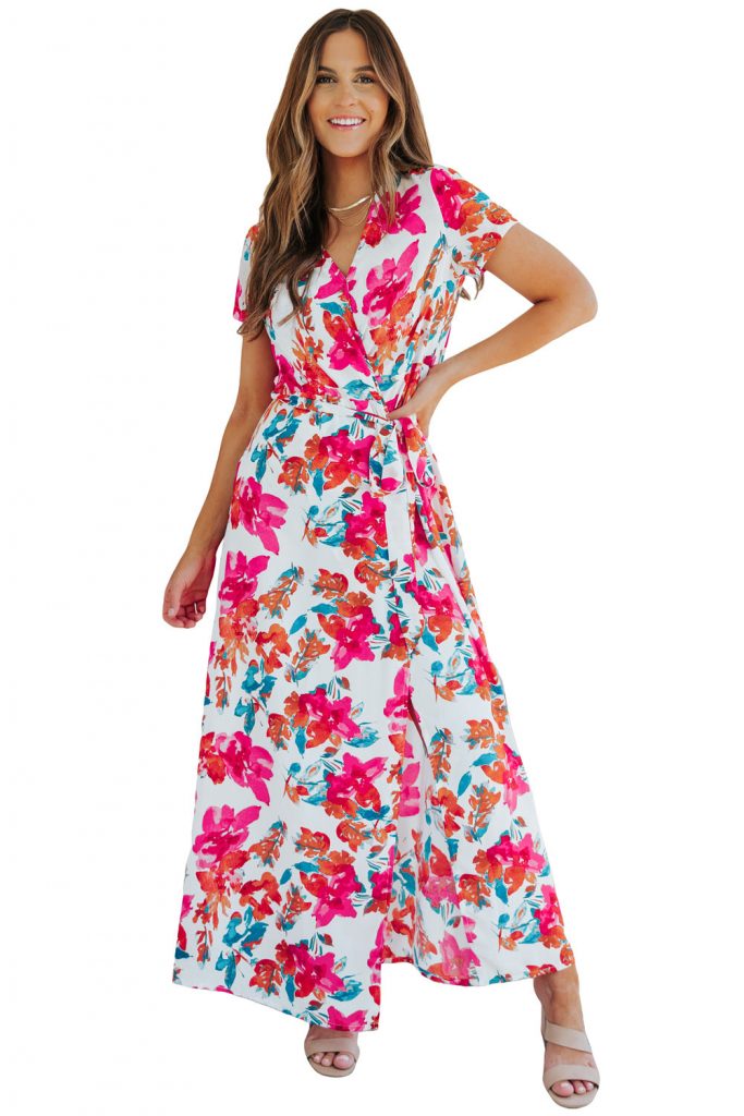 Rose Wrap V Neck Short Sleeve Floral Maxi Dress