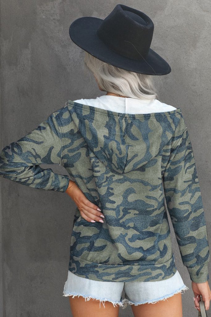 Olive Camo Print Zip Up Hooded Jacket