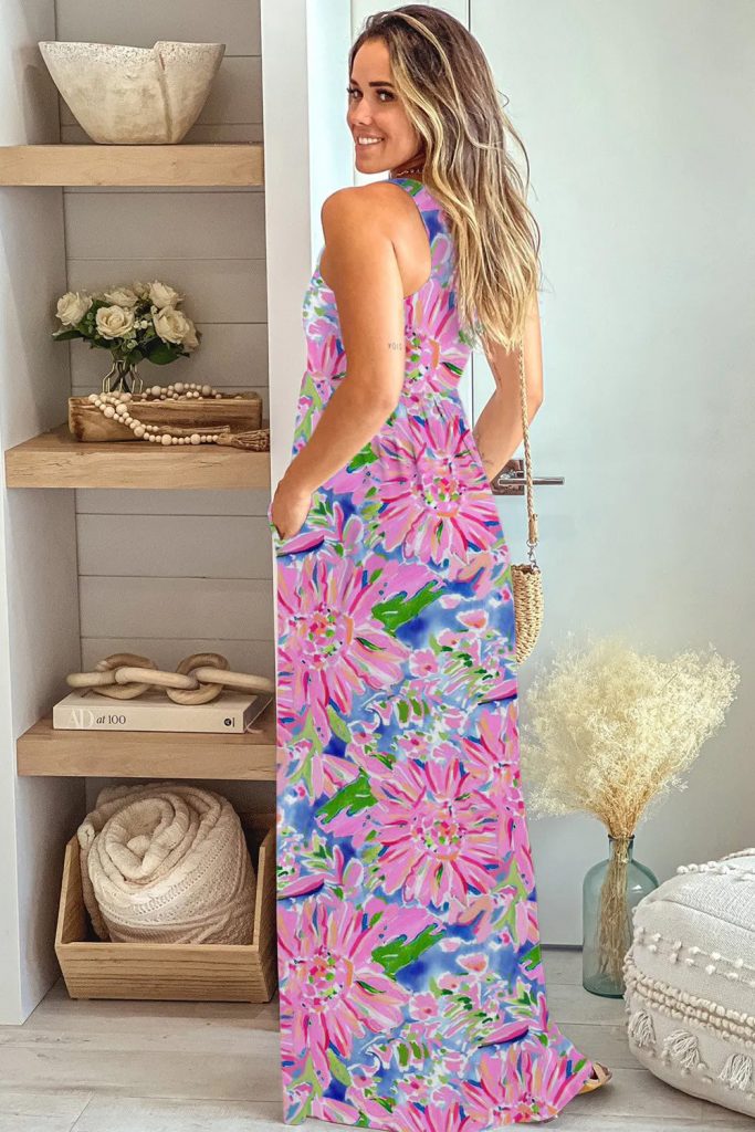 Women’s Sleeveless High Waist Pocketed Floral Maxi Dress