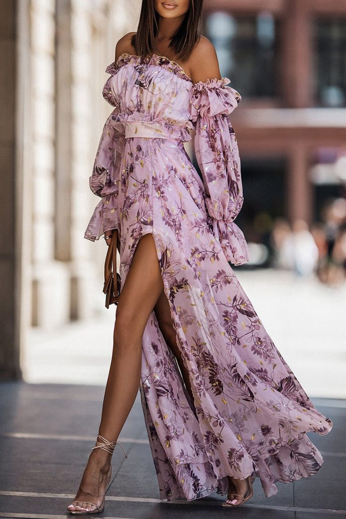 2024 New Purple Off Shoulder Side Slit Long Sleeve Women’s Maxi Floral Dress