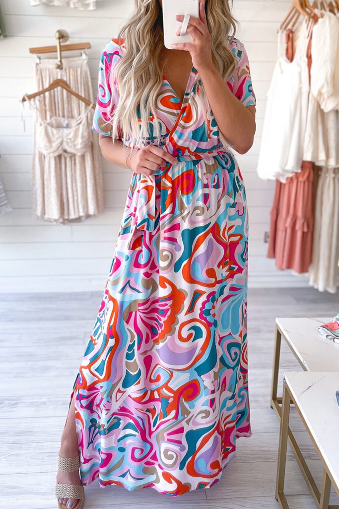 Women’s Abstract Printed Wrap V Neck Belted Maxi Dress