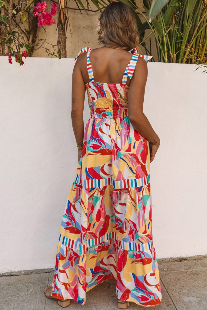 Women’s Abstract Print Striped Trim Maxi Sundress