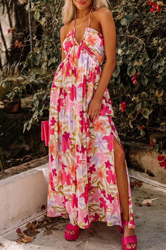 Women’s Halter Neck Backless Floral Print Maxi Dress With Ties