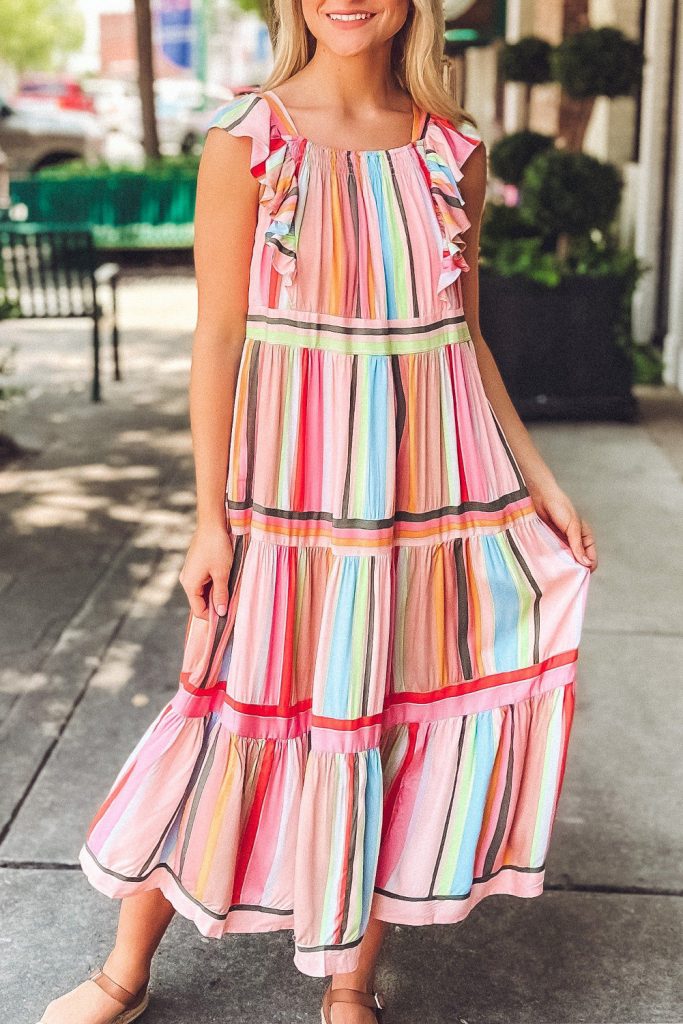 Women’s Rainbow Stripe Ruffles Ruched Tiered Dress