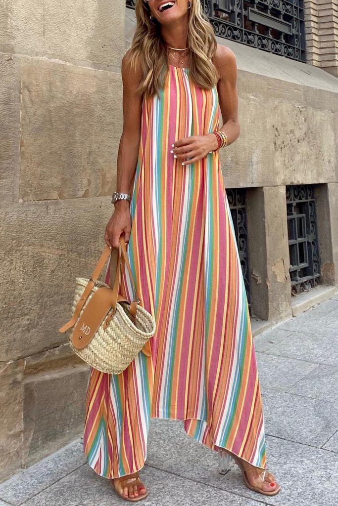 Women’s Bohemian Striped Print Sleeveless Holiday Maxi Dress