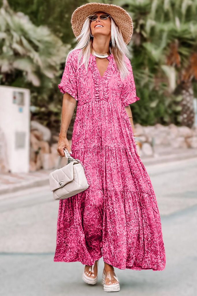 Women’s Paisley Print Boho Holiday Ruffle Tiered Maxi Dress