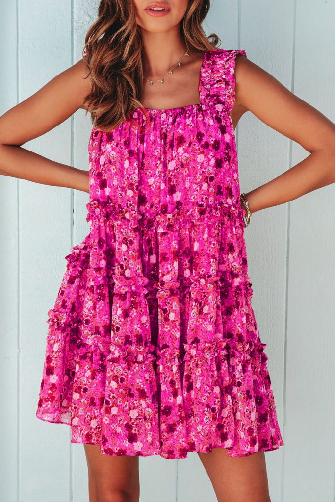 Women’s Tiered Ruffled Square Neck Sleeveless Floral Mini Dress