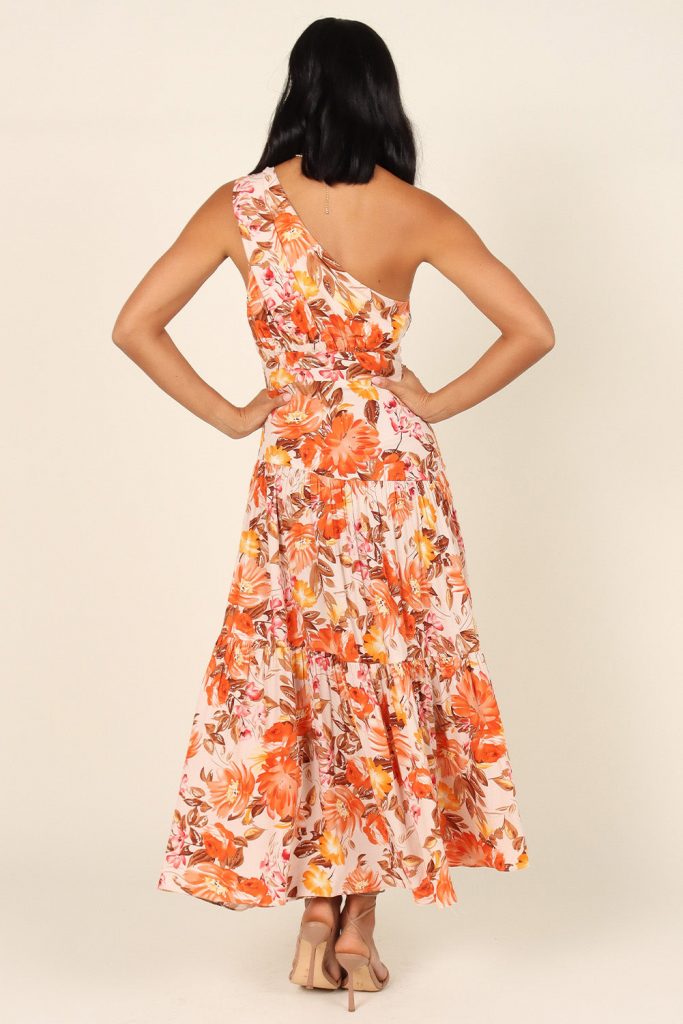 Women’s Floral Print Pleated One Shoulder High Waist Maxi Dress