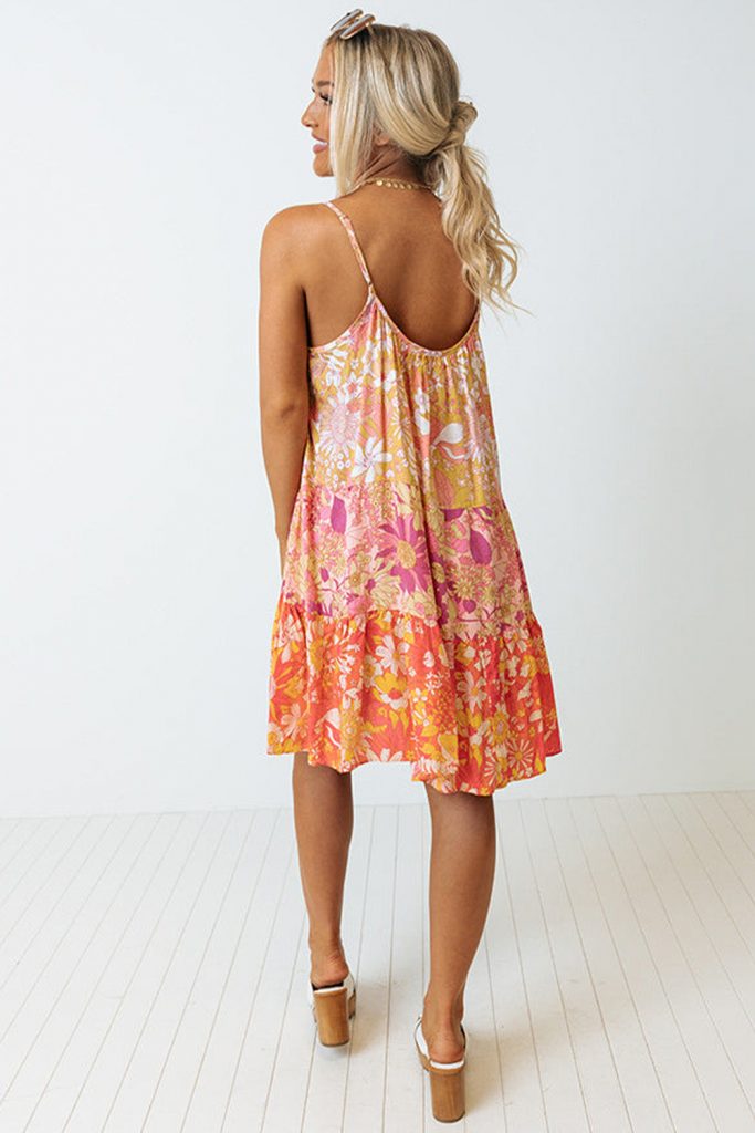 Women’s Floral Print Tiered Spaghetti Straps Shift Dress