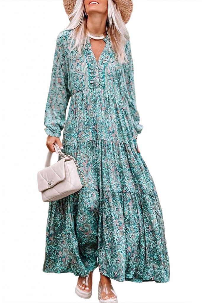 Women’s Bohemian Paisley Print Long Sleeve Tiered Maxi Dress