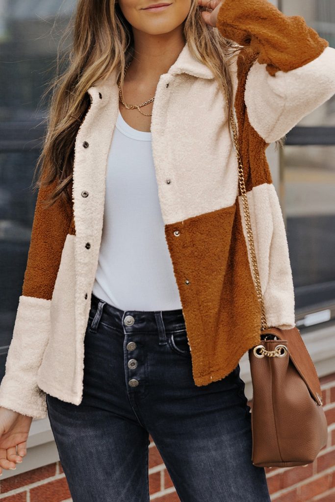 Khaki Colorblock Checkered Sherpa Jacket