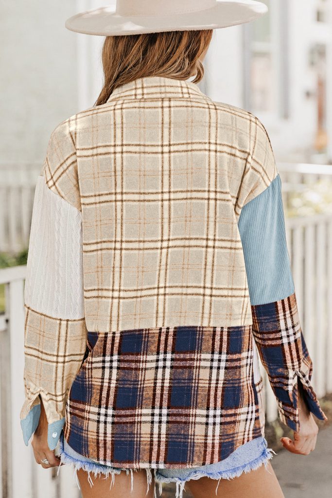 Blue Plaid Color Block Patchwork Shirt Jacket With Pocket