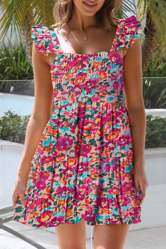 Women’s Ruffled Shirred Sleeveless High Rise Floral Mini Dress