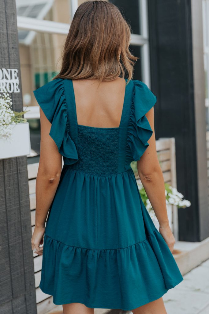 Women’s Ruffle Trim V Neck Smocking Back Mini Dress