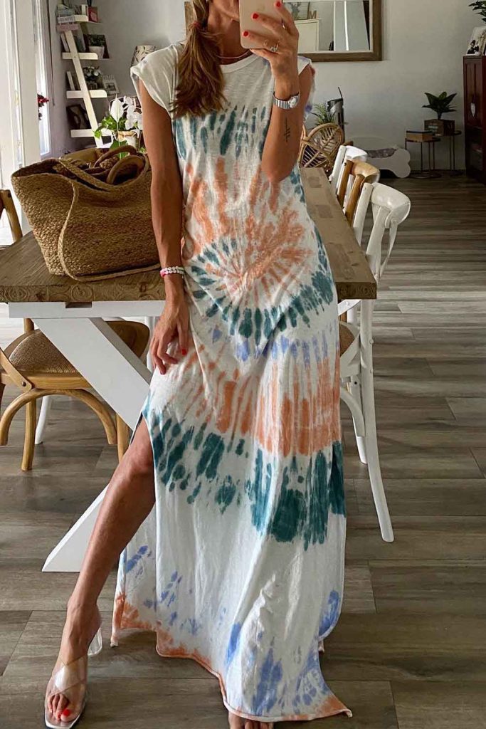 Women’s Cap Sleeve Tie Dye Long Slit Summer Dress