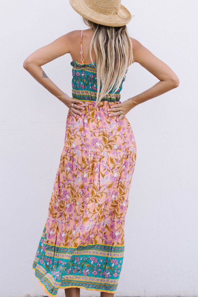 Women’s Floral Print Bodice Spaghetti Strap Maxi Dress