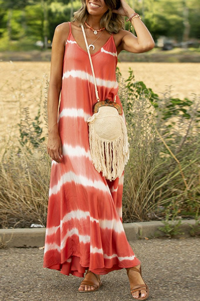 Women’s Tie Dye Striped Spaghetti Straps Maxi Dress