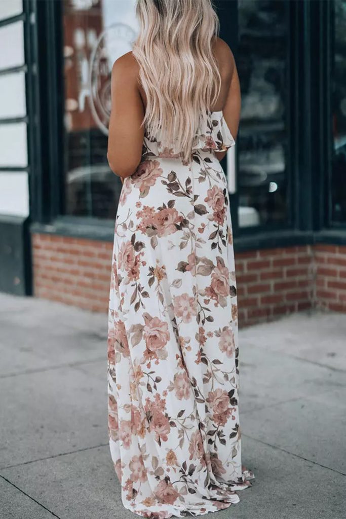 Women’s Floral Slit Ruffled Halterneck Maxi Dress