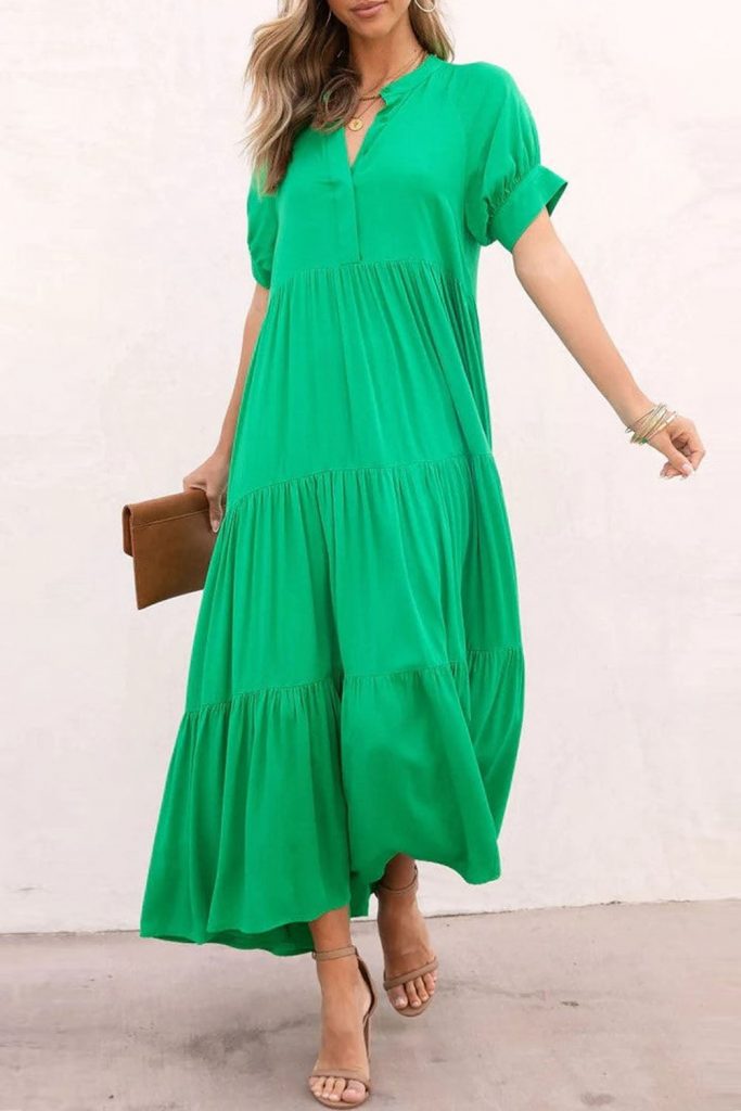 Women’s Notch V Neck Bubble Sleeve Tiered Maxi Dress