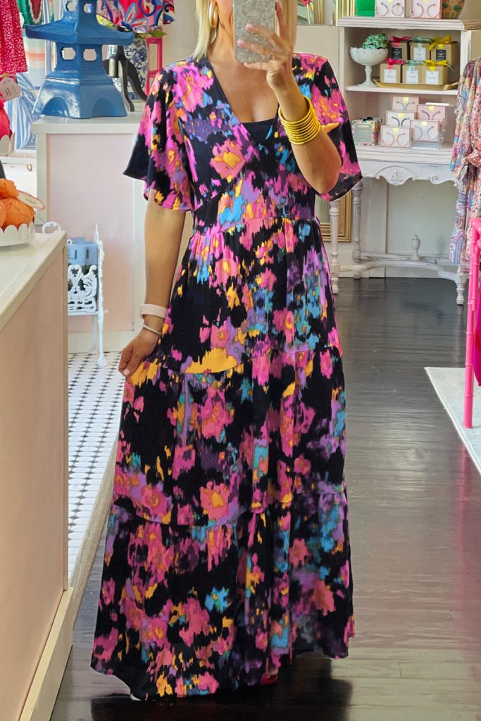 Women’s Abstract Floral Pattern Flutter Sleeve Tiered Maxi Dress