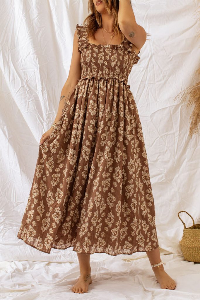 Women’s Ruffled Straps Smocked Floral Maxi Dress