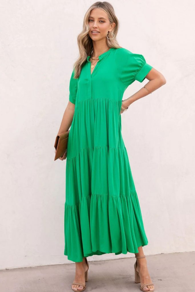 Women’s Notch V Neck Bubble Sleeve Tiered Maxi Dress