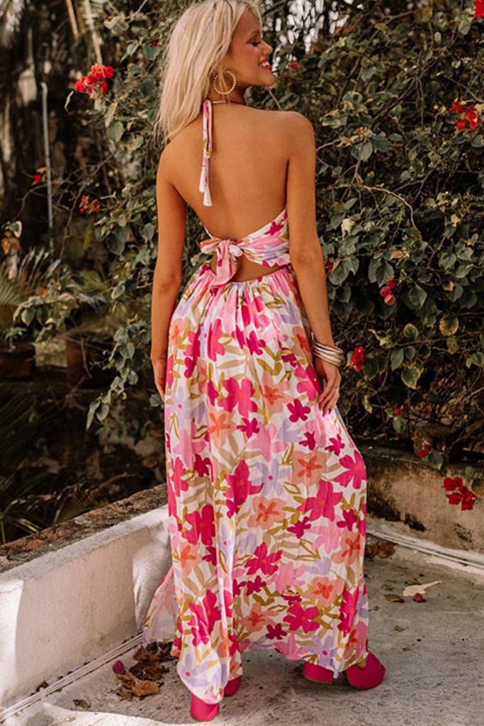 Women’s Halter Neck Backless Floral Print Maxi Dress With Ties