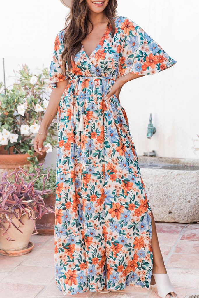 Women’s Floral Print Wrap Belted Maxi Dress