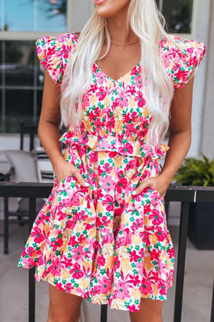 Smocked Bodice Ruffle Trim Floral Dress