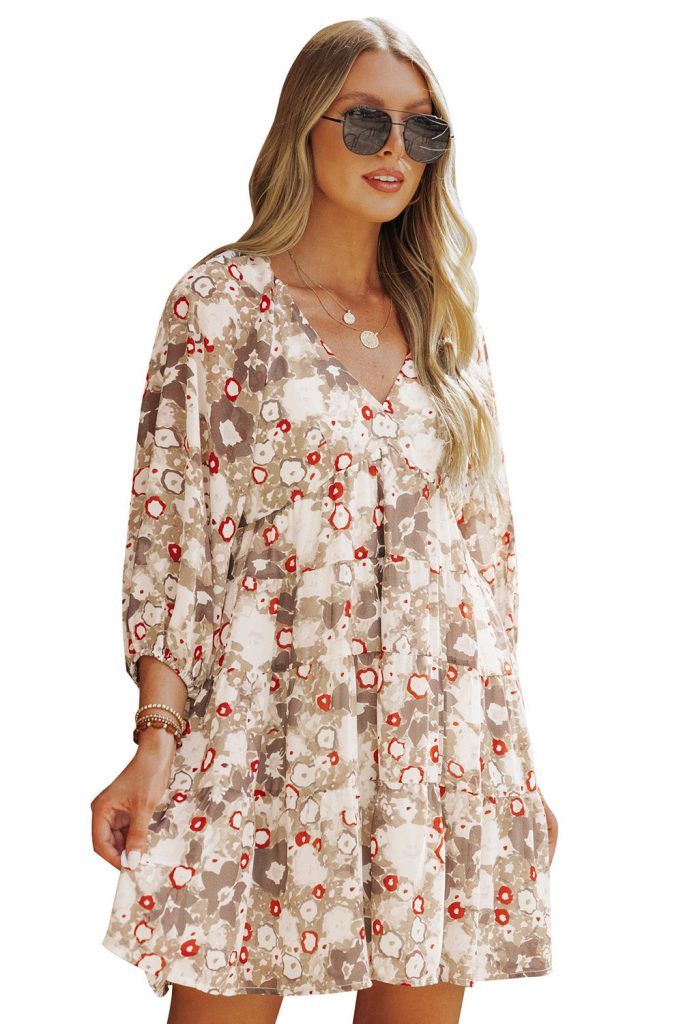 Apricot 3/4 Sleeves V Neck Print Tiered Flowy Short Dress