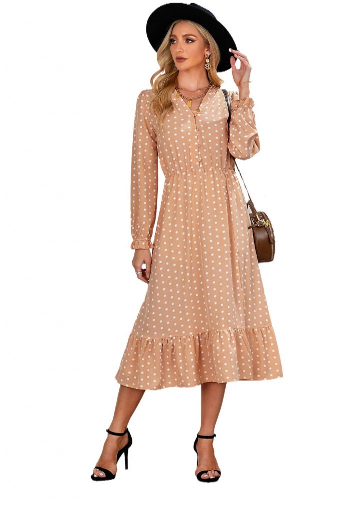 Apricot Button Polka Dot High Slit Ruffled Midi Dress