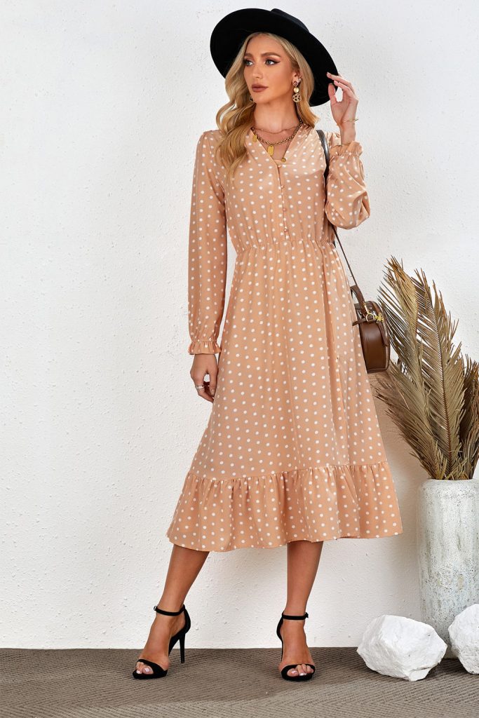 Apricot Button Polka Dot High Slit Ruffled Midi Dress