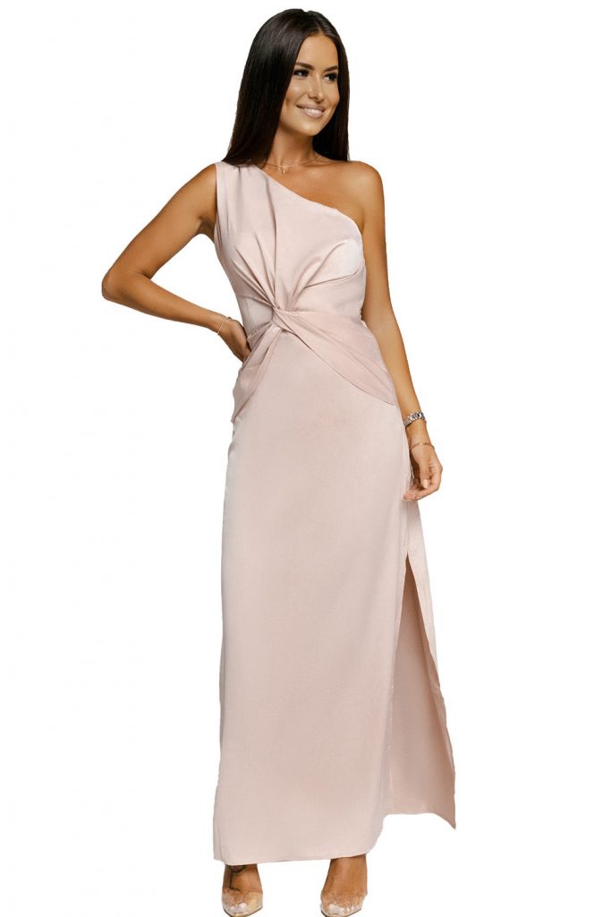 Pink One-shoulder Twist Detail Sleeveless Party Gown With Slit