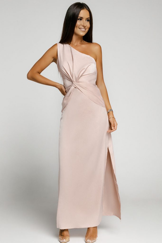 Pink One-shoulder Twist Detail Sleeveless Party Gown With Slit