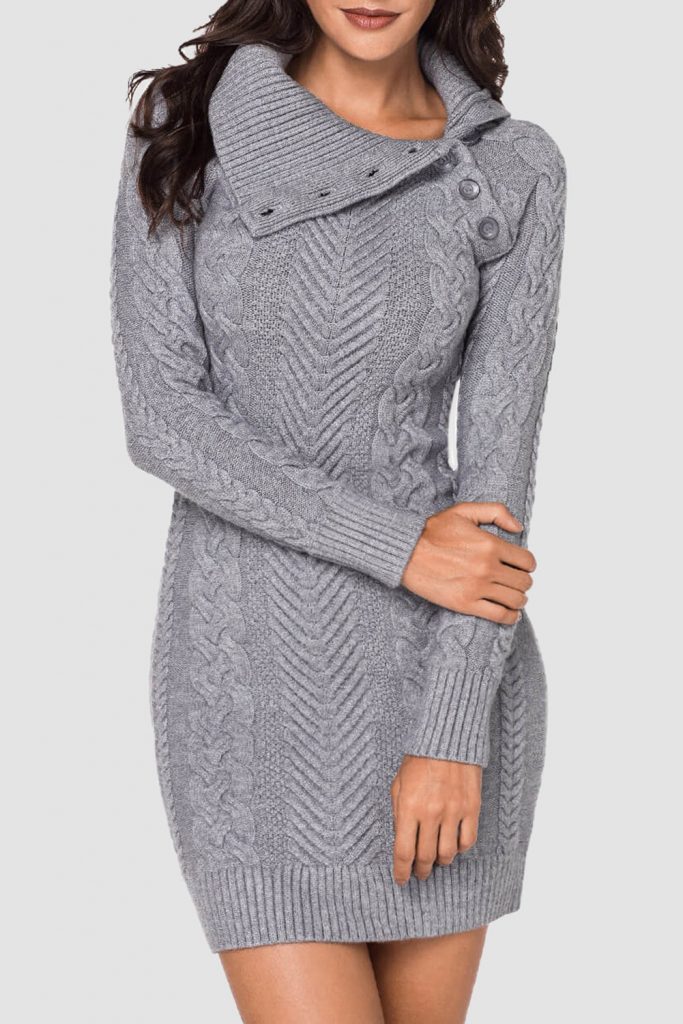 Asymmetric Buttoned Collar Bodycon Winter Sweater Dress