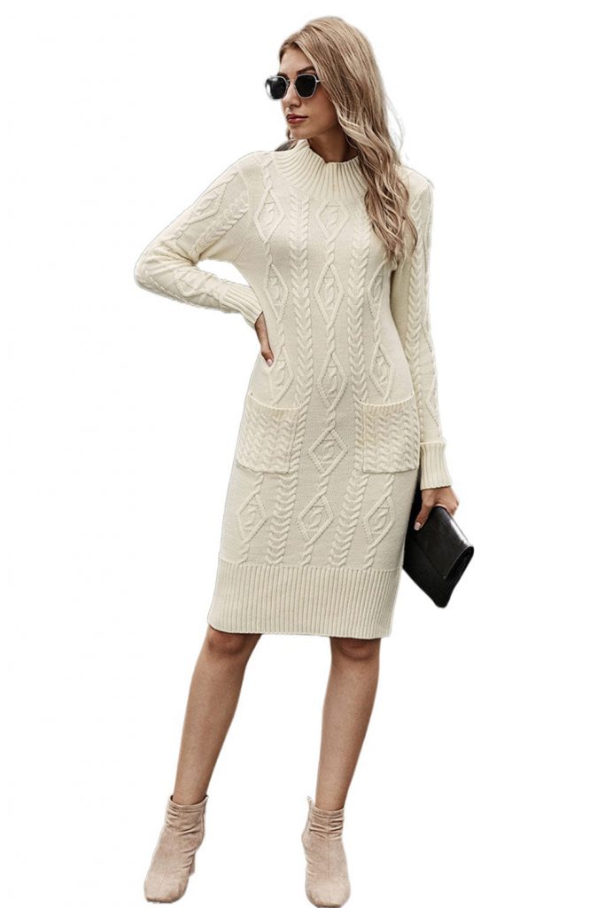 Beige High Neck Textured Bodycon Winter Sweater Dress