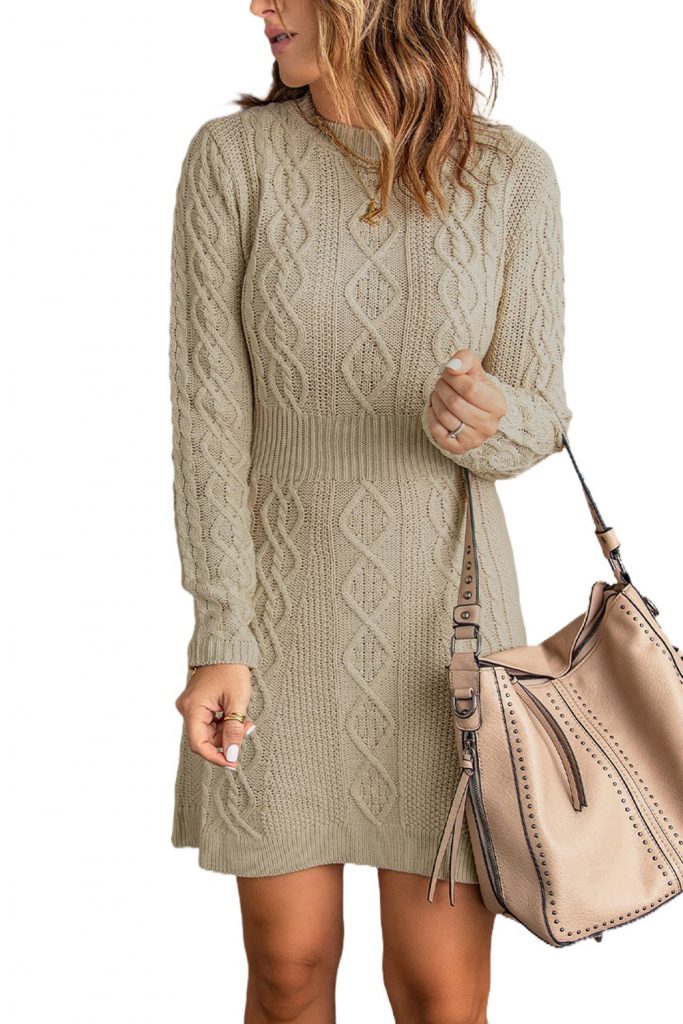 Beige Ribbed Waistband Knit Cable Pattern Winter Sweater Dress