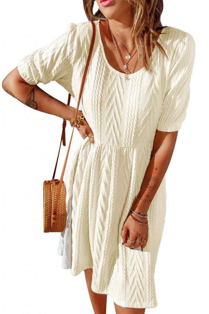 Beige Textured Lace-up Open Back Short Sleeve Midi Dress