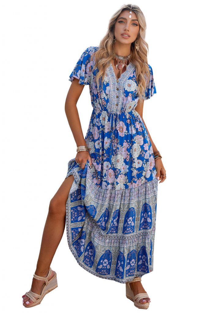 Blue Floral Print Buttoned V Neck Drawstring High Waist Maxi Dress