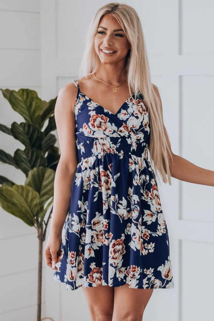 Blue Floral Print Surplice V Neck Sleeveless Short Dress