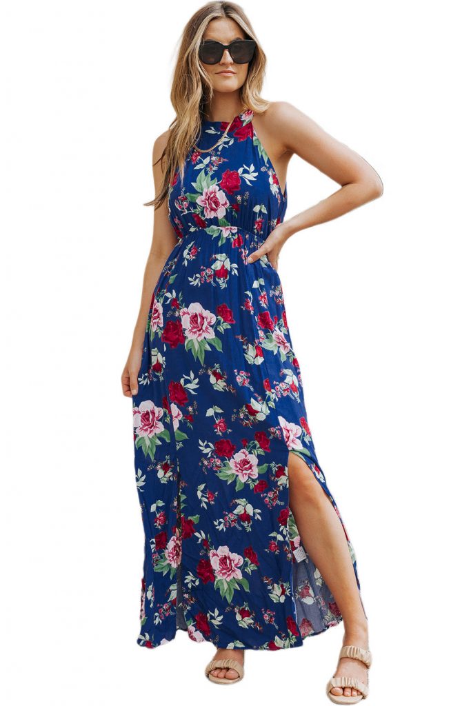 Blue Halter Neck Sleeveless Floral Dress With Slits