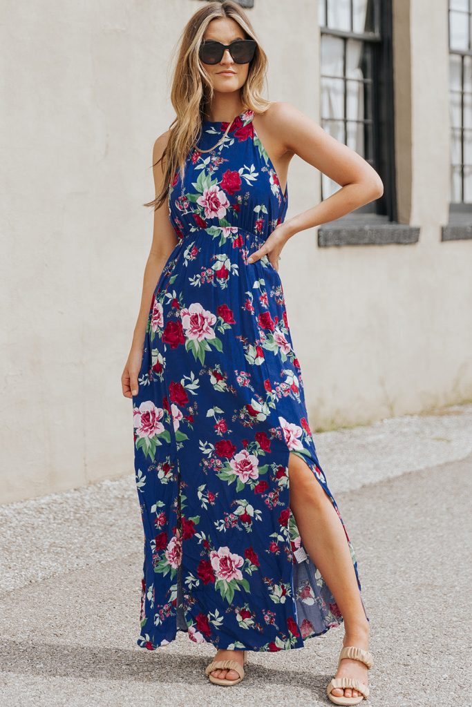 Blue Halter Neck Sleeveless Floral Dress With Slits