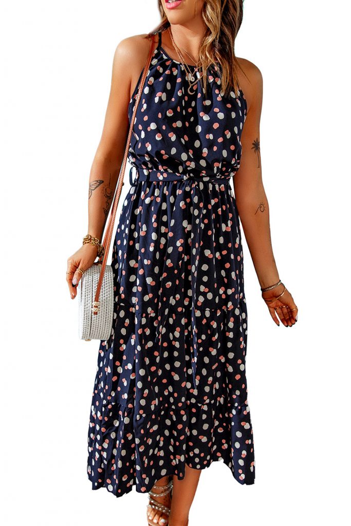 Blue Polka Dot Print Spaghetti Straps Maxi Dress