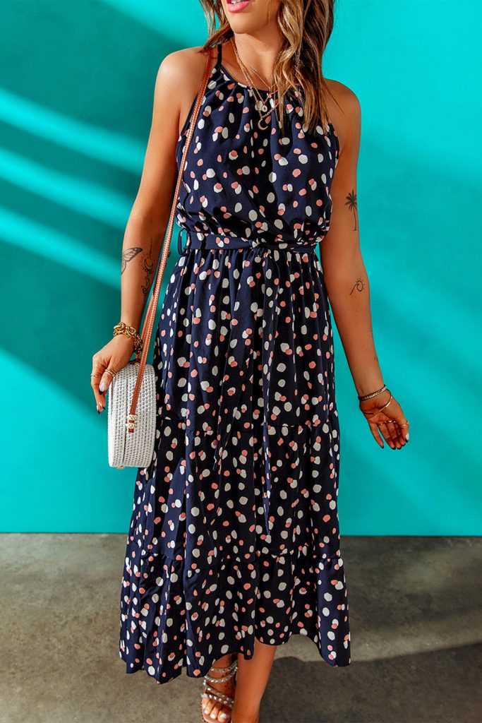 Blue Polka Dot Print Spaghetti Straps Maxi Dress