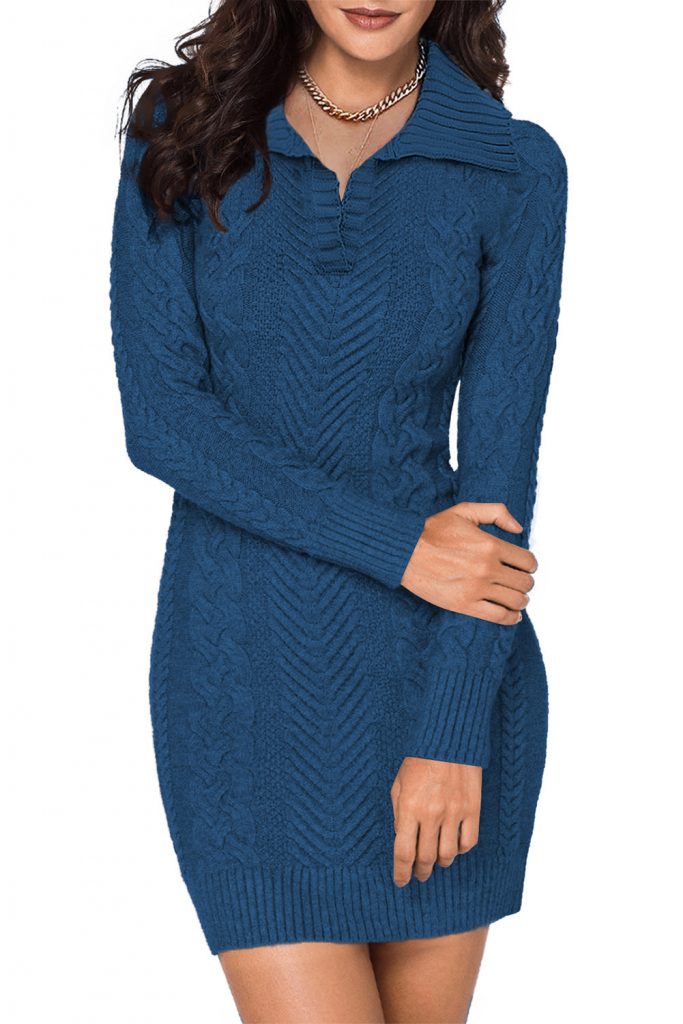 Blue Turn-down Neck Cable Knit Women’s Long Sleeve Winter Sweater Dress